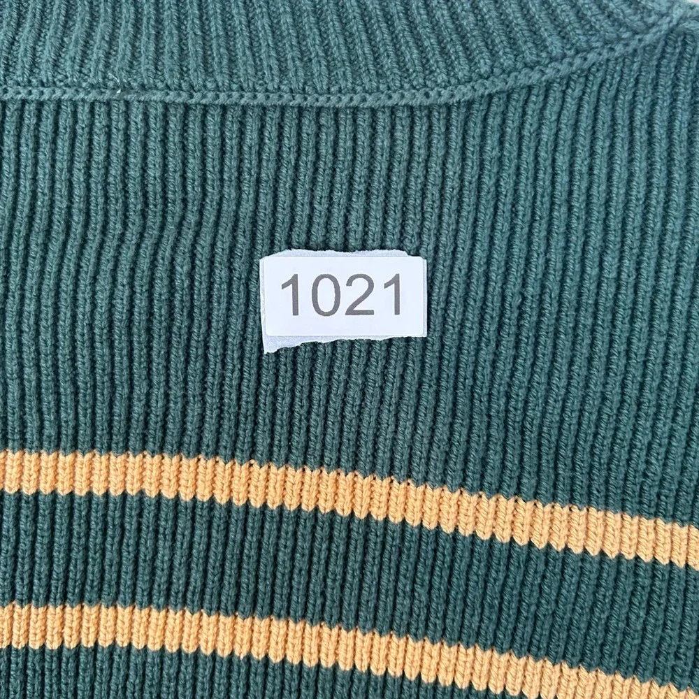 Free People Sweater Women Large Green Striped Cropped Mock Neck Balloon‎ Sleeve